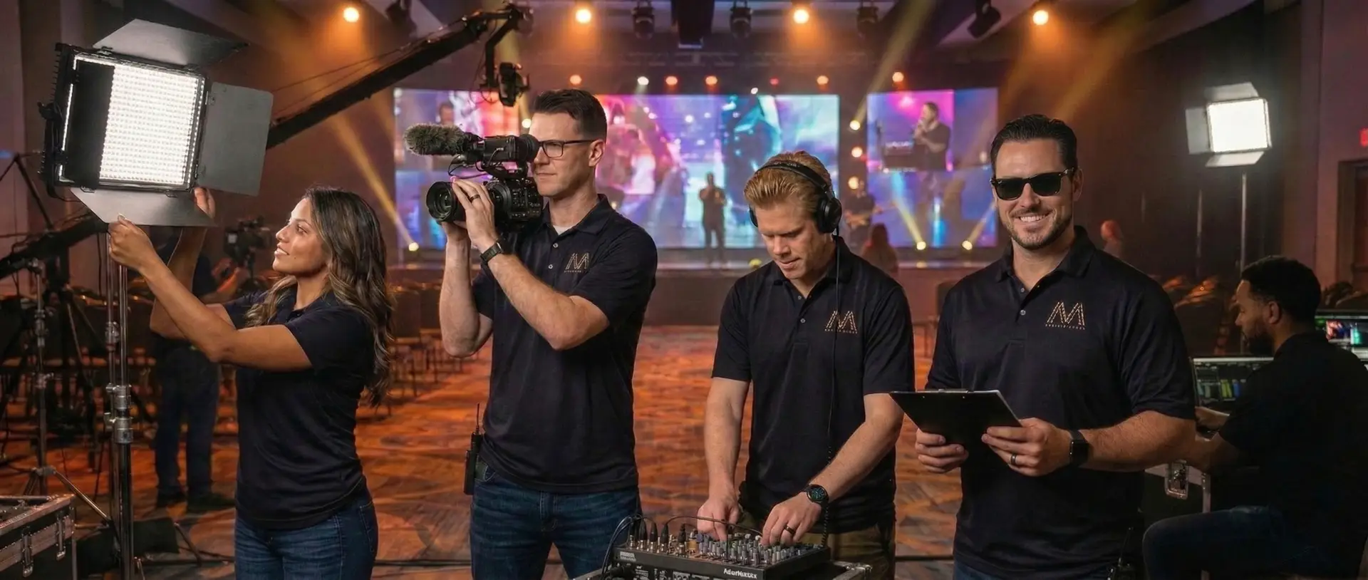 Malone Media live event production team operating lighting, camera, and audio during a conference